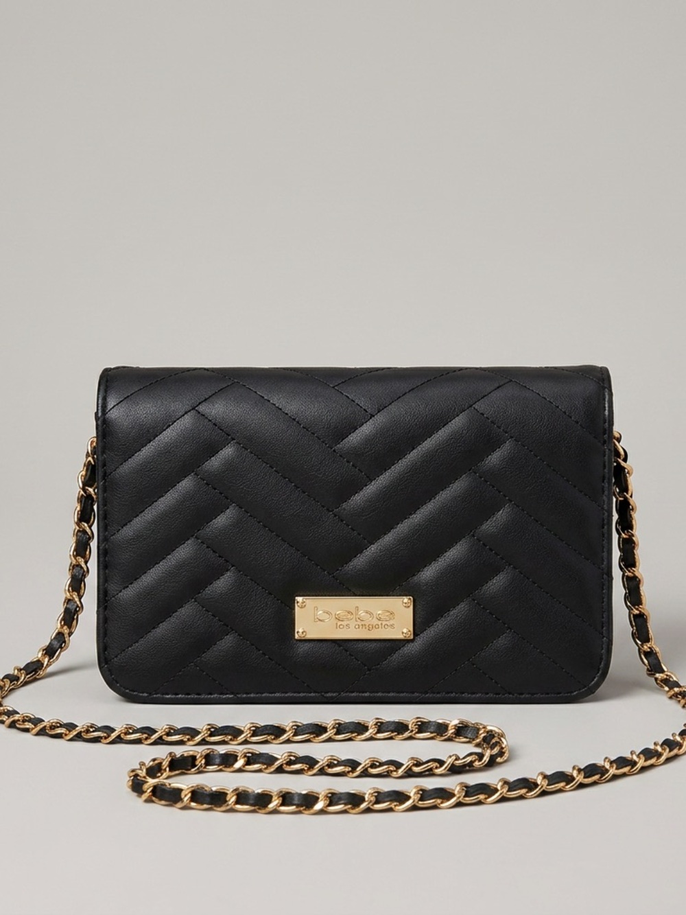 Bebe Sophia Women’s Small Crossbody Quilted Black Faux Leather Chain Strap